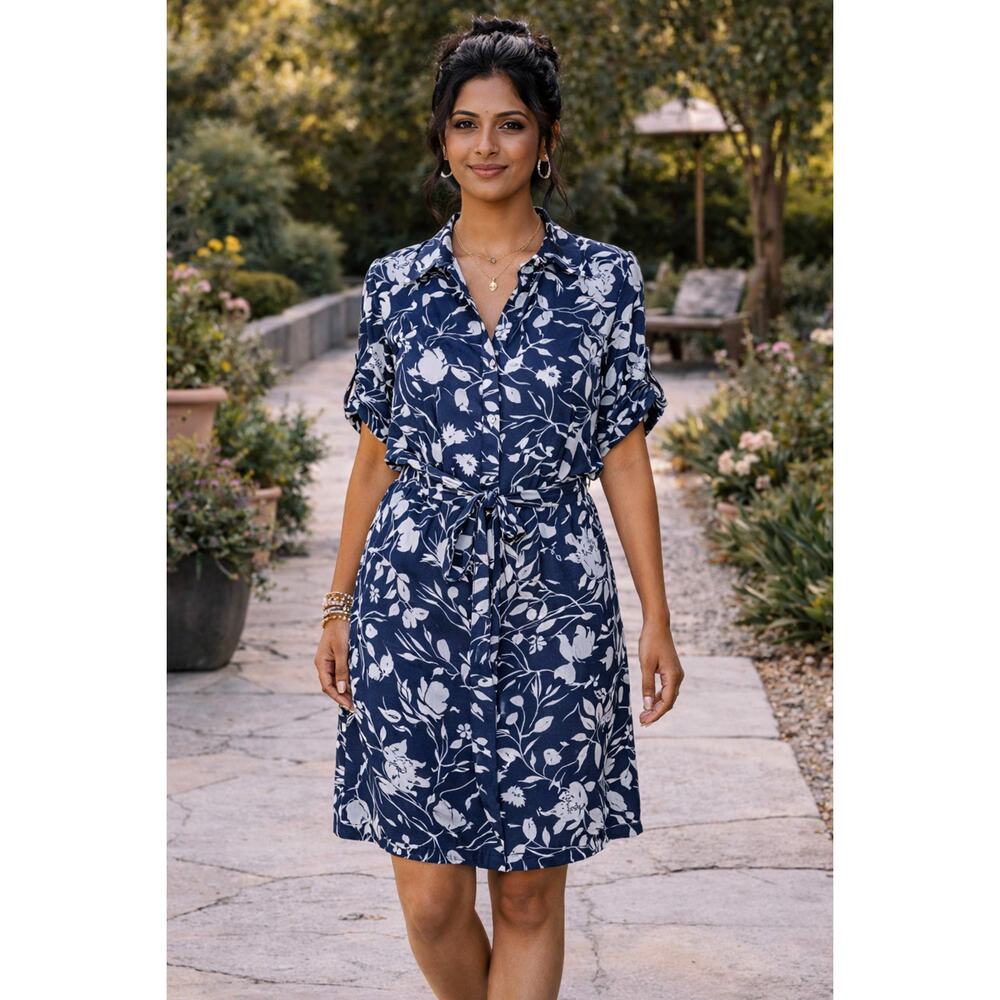 BANANA REPUBLIC navy/silver/white floral silky button down shirt dress size 4